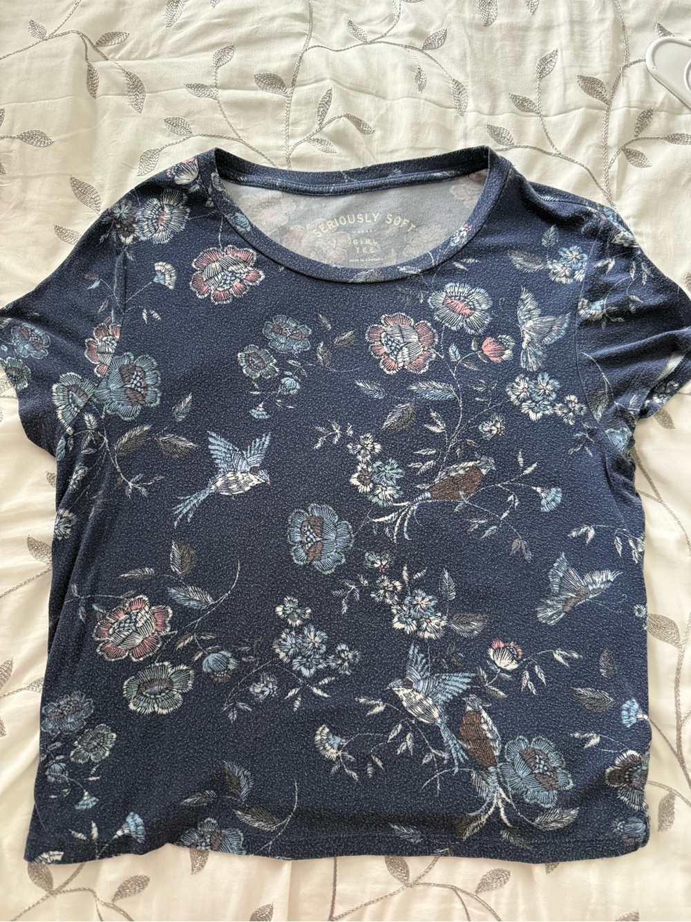 Aeropostale Navy Short Sleeve Floral & Bird Tee